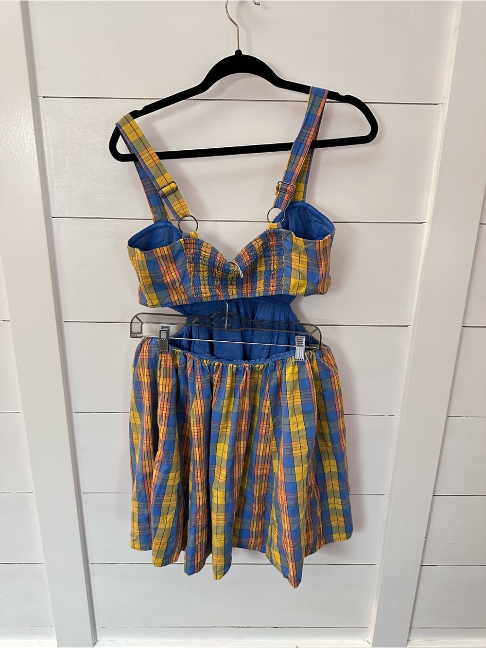 Free People M Bridget yellow-blue plaid open halter 100% cotton back mini dress - Picture 3 of 13